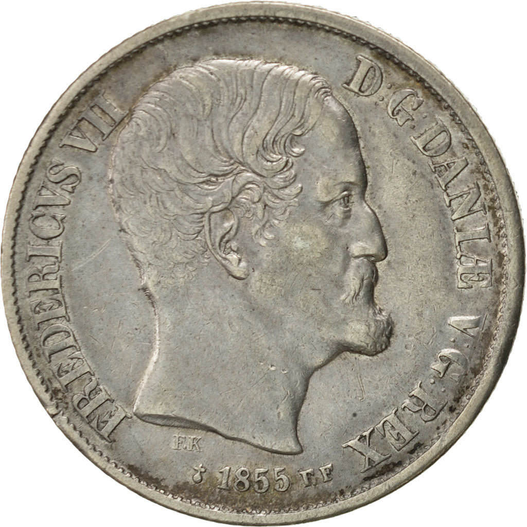 Dinamarca, Frederik VII, Rigsdaler, 1855, Altona, MBC, Plata, KM:760.2