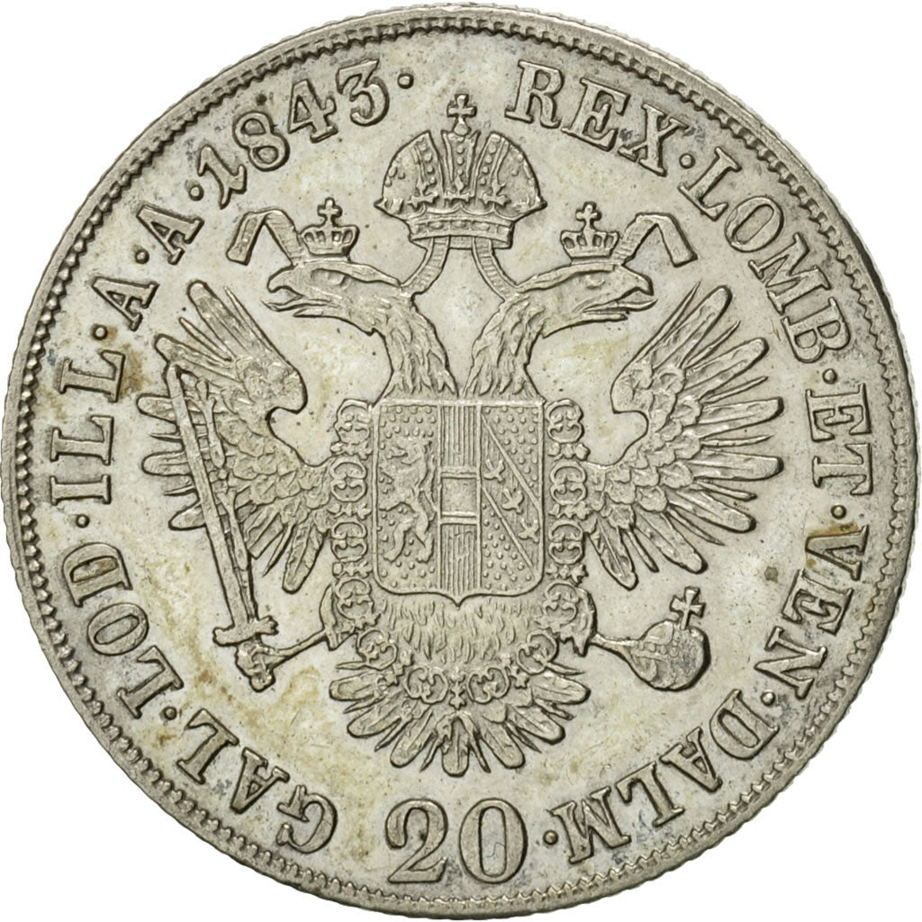 Coin, Austria, Ferdinand I, 20 Kreuzer, 1843, Vienne, EF(40-45), Silver, KM:2208
