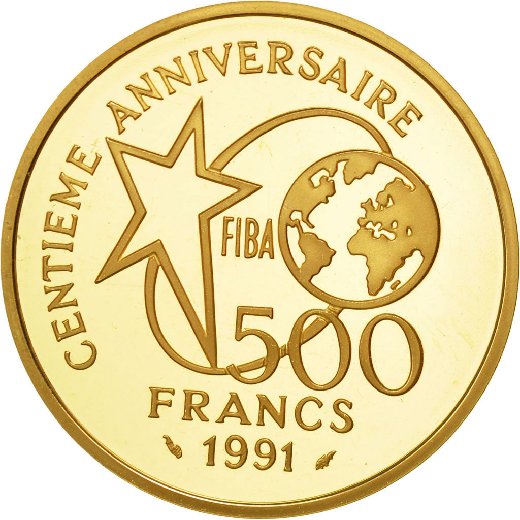 Coin, France, Basket-Ball, 500 Francs, 1991, Paris, MS(65-70), Gold, KM:977