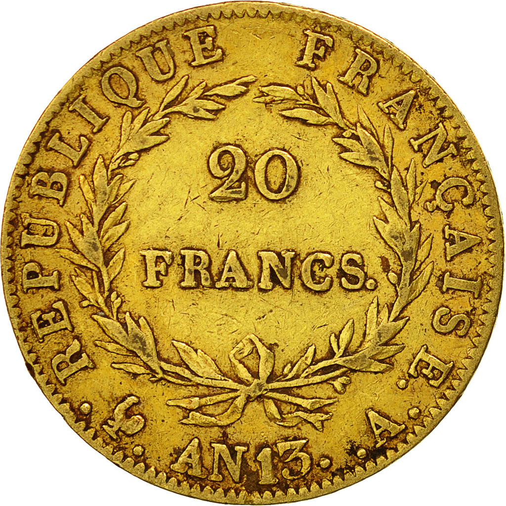 Moneda, Francia, Napoléon I, 20 Francs, AN 13, Paris, BC+, Oro, KM:663.1