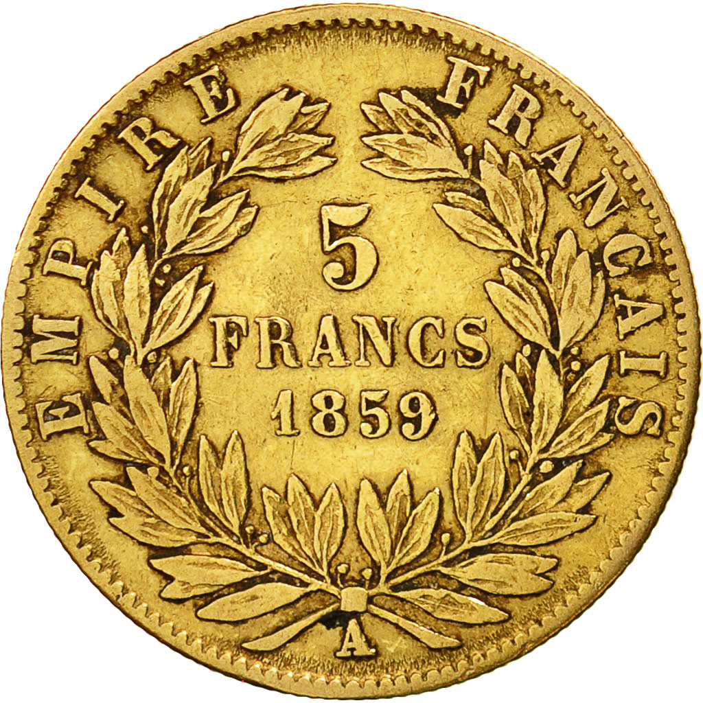 Francia, Napoleon III, 5 Francs, 1859, Paris, MB, Oro, KM:787.1