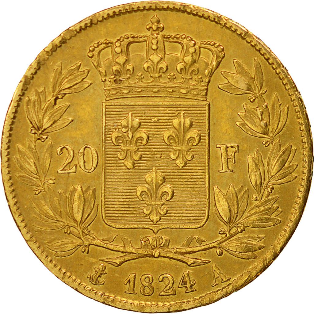 Moneta, Francia, Louis XVIII, Louis XVIII, 20 Francs, 1824, Paris, BB+, Oro