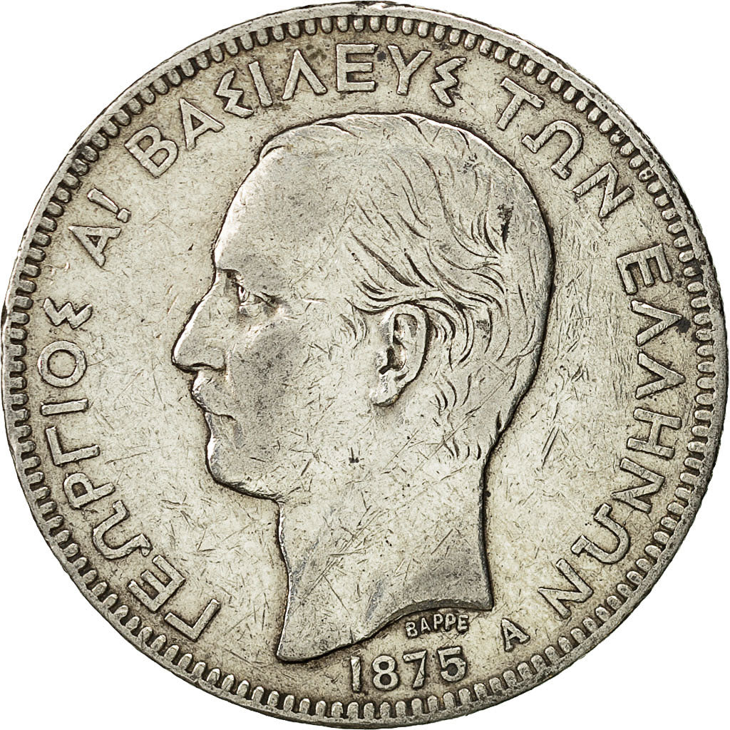 Coin, Greece, George I, 5 Drachmai, 1875, Paris, VF(30-35), Silver, KM:46