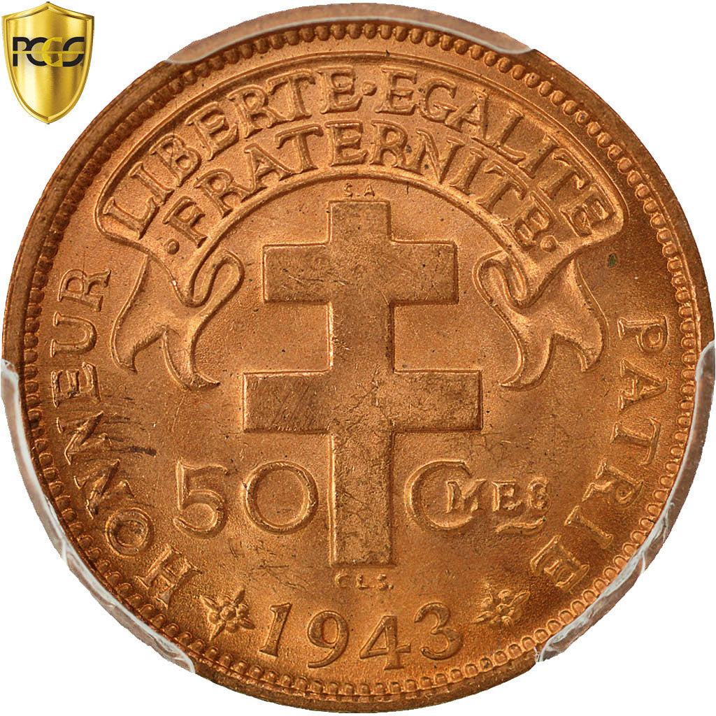 Coin, Cameroon, 50 Centimes, 1943, Pretoria, PCGS, MS65RD, MS(65-70), Bronze
