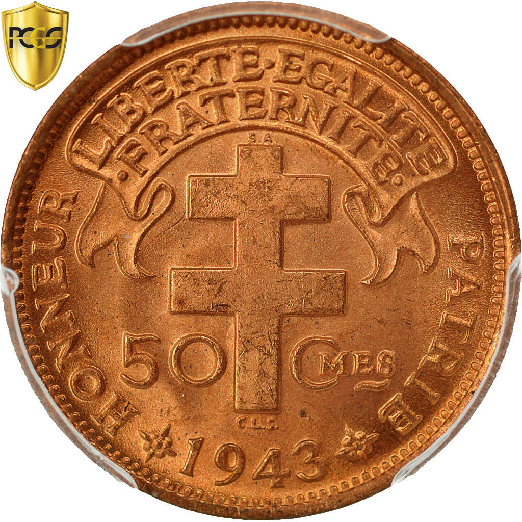 Monnaie, Cameroun, 50 Centimes, 1943, Pretoria, PCGS, MS65+RD, FDC, Bronze