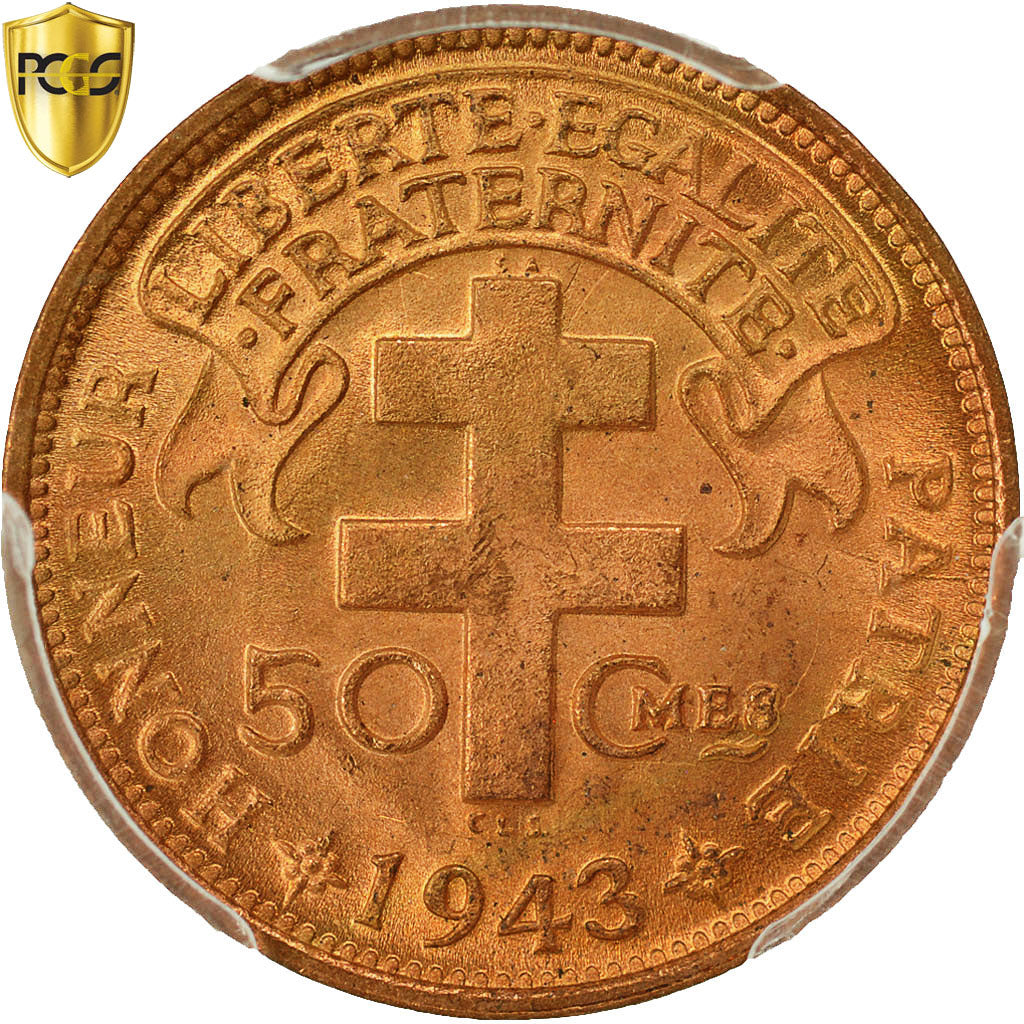 Cameroon, 50 Centimes, 1943, Pretoria, PCGS, MS66RD, Bronze, KM:6