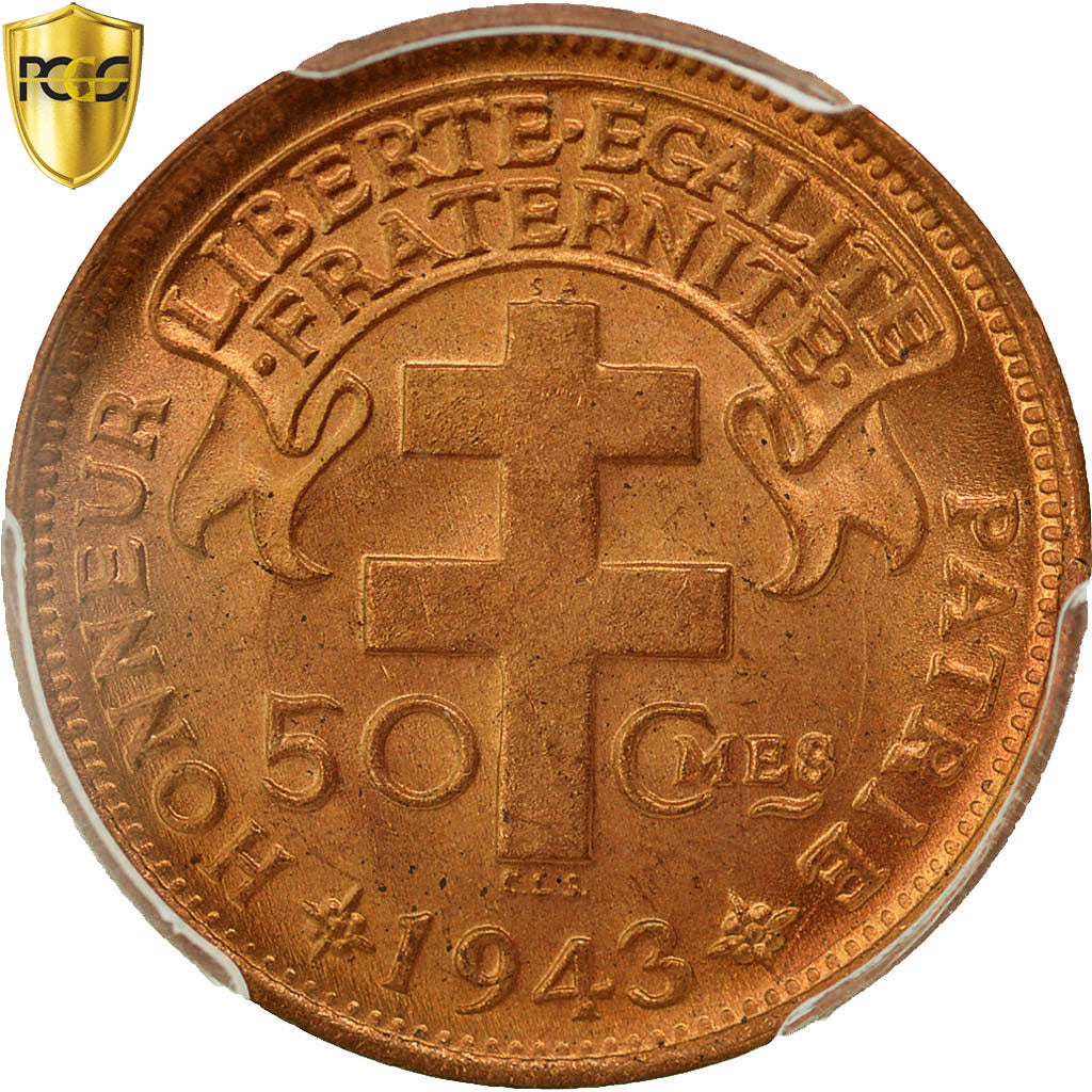 Cameroon, 50 Centimes, 1943, Pretoria, PCGS, MS66RD, Bronze, KM:6