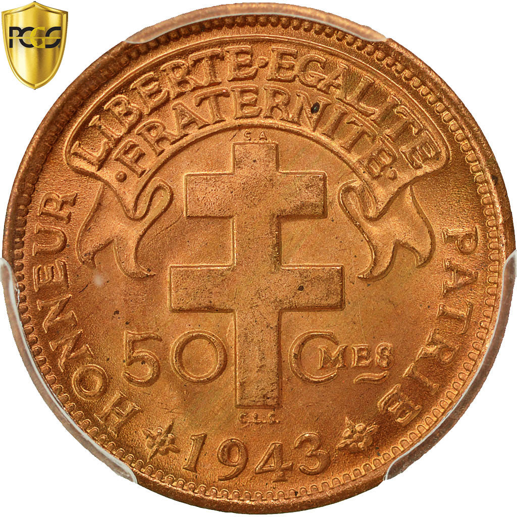 Cameroon, 50 Centimes, 1943, Pretoria, PCGS, MS67RD, Bronze, KM:6