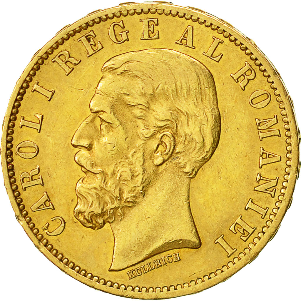 Romania, Carol I, 20 Lei, 1883, AU(55-58), Gold, KM:20