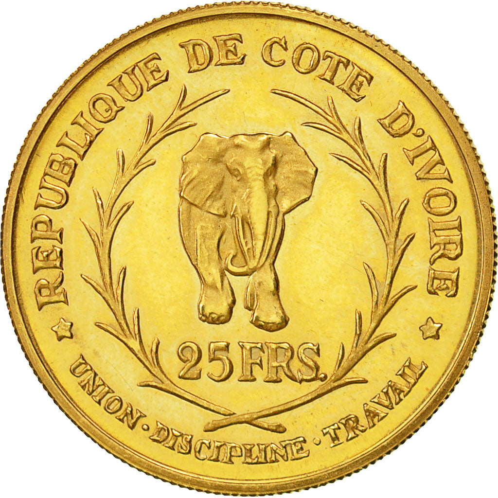 Moneta, Costa d’Avorio, Félix Houphouët-Boigny, 25 Francs, 1966, SPL, Oro