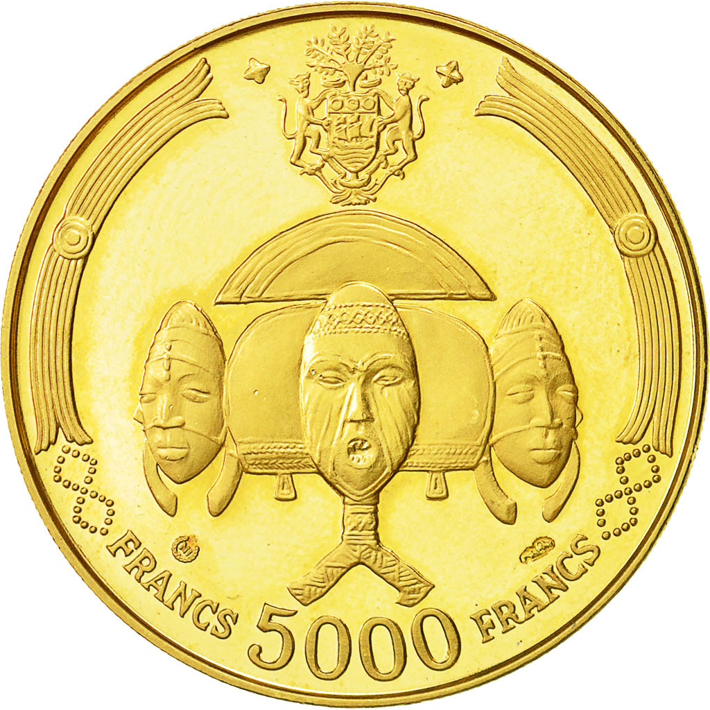 Munten, Gabon, Albert Bernard Bongo, 5000 Francs, 1969, UNC-, Goud, KM:8