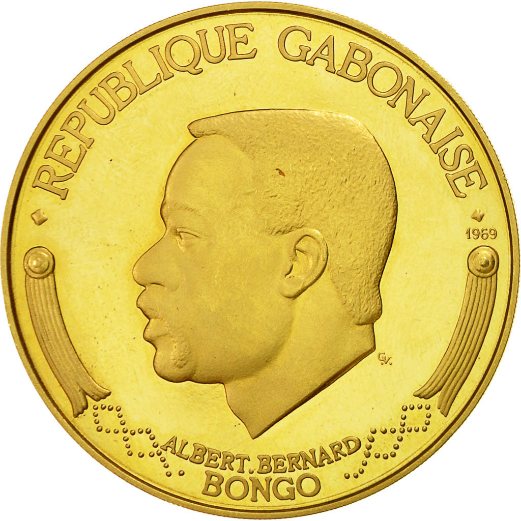 Gabon, Albert Bernard Bongo, 10000 Francs, 1969, AU(55-58), Gold, KM:9