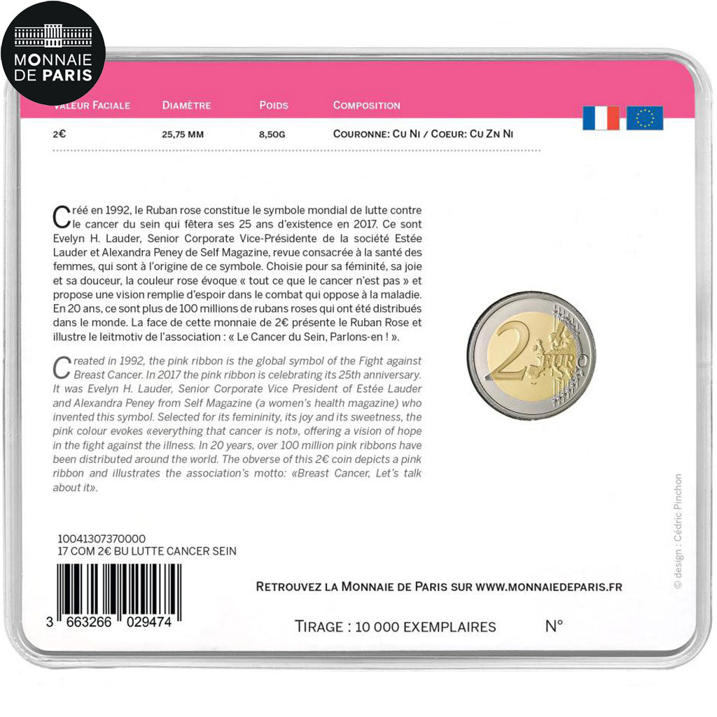 France, Monnaie de Paris, 2 Euro, Cancer du Sein, 2017, FDC, BU