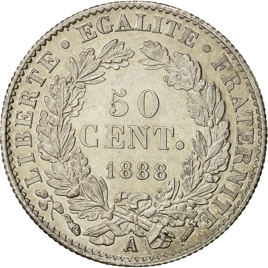 Coin, France, Cérès, 50 Centimes, 1888, Paris, MS(63), Silver, KM:834.1