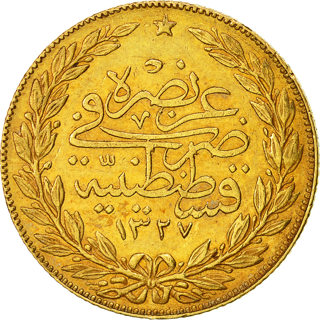 Coin, Turkey, Muhammad V, 100 Kurush, 1909, Qustantiniyah, EF(40-45), Gold
