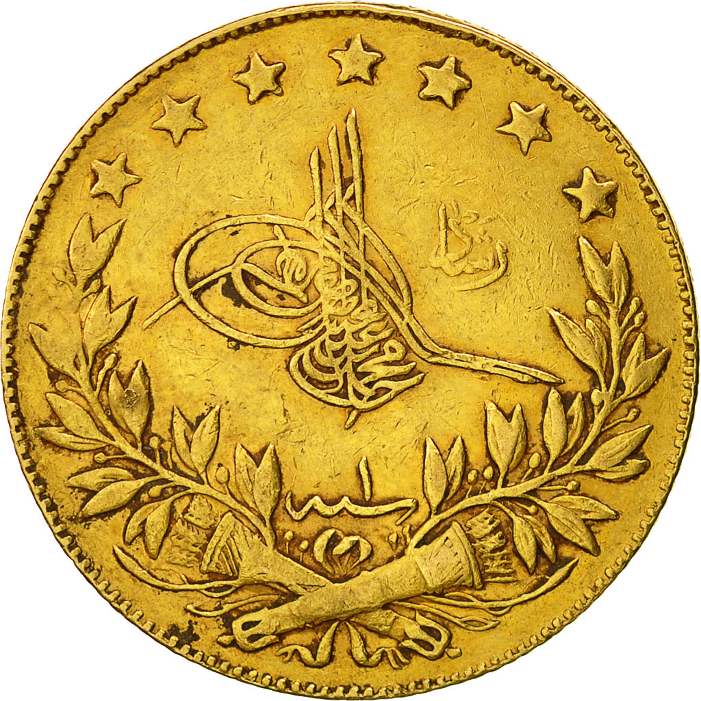Coin, Turkey, Muhammad V, 100 Kurush, 1909, Qustantiniyah, EF(40-45), Gold