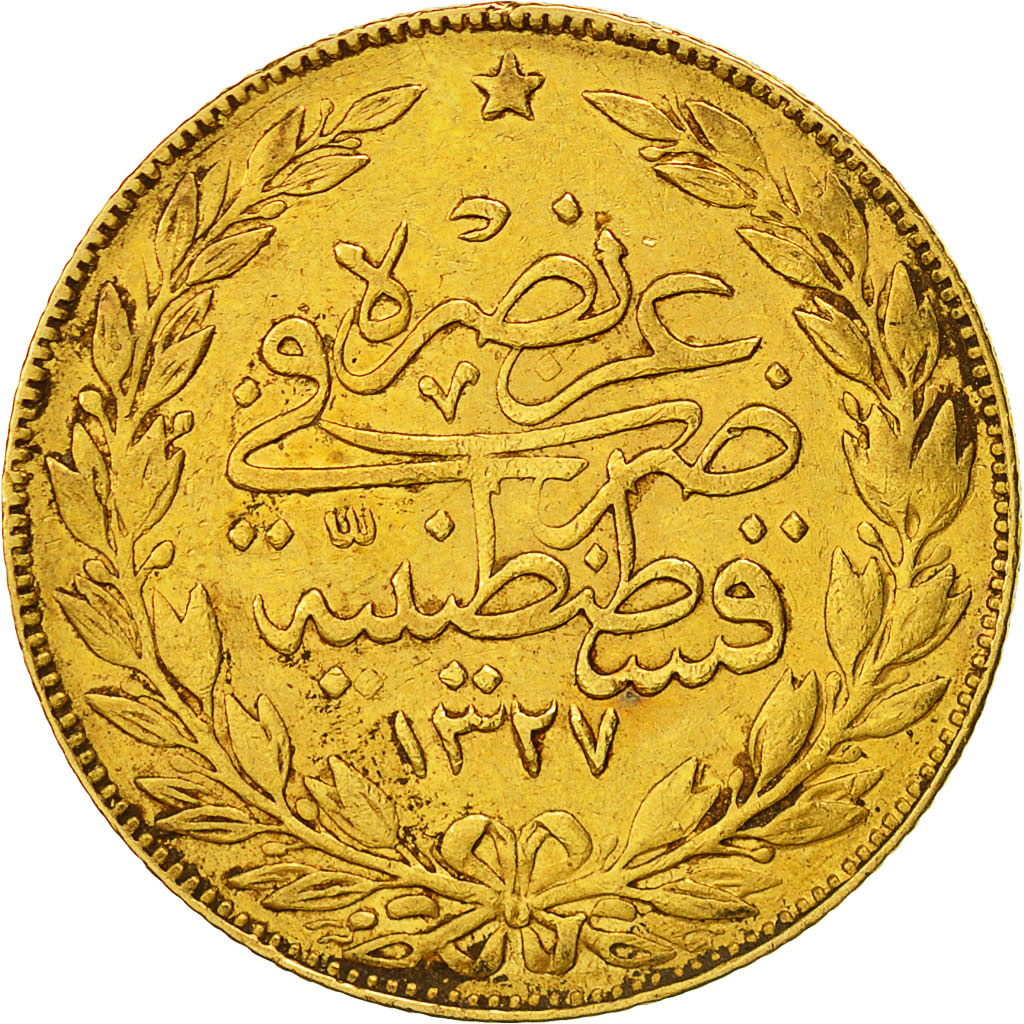 Coin, Turkey, Muhammad V, 100 Kurush, 1909, Qustantiniyah, EF(40-45), Gold