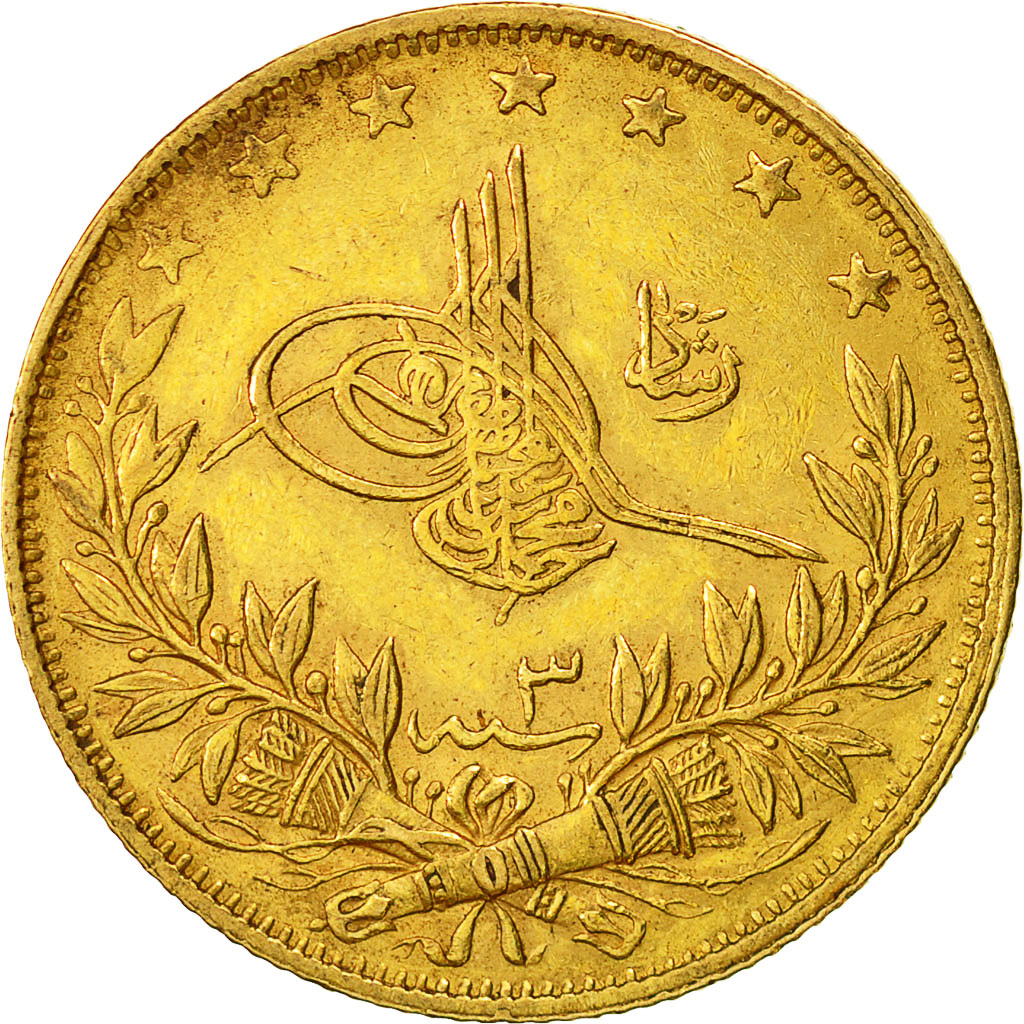 Coin, Turkey, Muhammad V, 100 Kurush, 1911, Qustantiniyah, EF(40-45), Gold