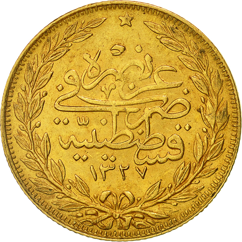Coin, Turkey, Muhammad V, 100 Kurush, 1911, Qustantiniyah, EF(40-45), Gold