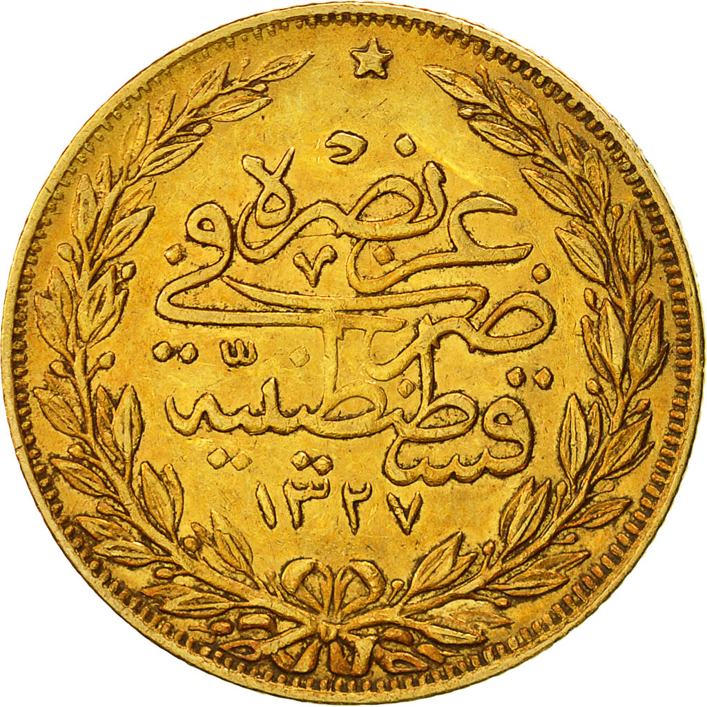 Turkey, Muhammad V, 100 Kurush, 1911, Qustantiniyah, EF(40-45), Gold, KM:754