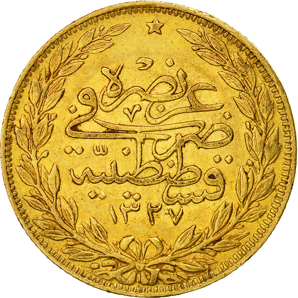 Münze, Türkei, Muhammad V, 100 Kurush, 1911, Qustantiniyah, SS, Gold, KM:754