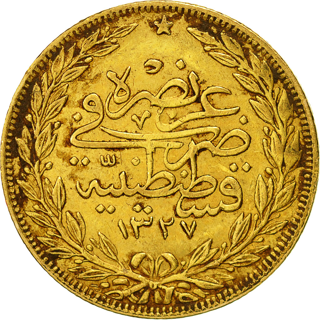 Coin, Turkey, Muhammad V, 100 Kurush, 1911, Qustantiniyah, EF(40-45), Gold