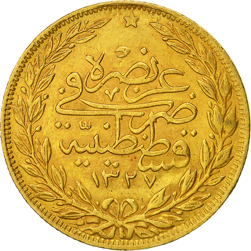 Coin, Turkey, Muhammad V, 100 Kurush, 1911, Qustantiniyah, EF(40-45), Gold