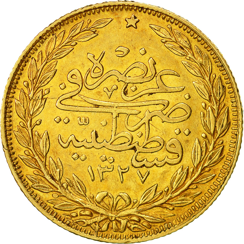 Coin, Turkey, Muhammad V, 100 Kurush, 1913, Qustantiniyah, AU(50-53), Gold