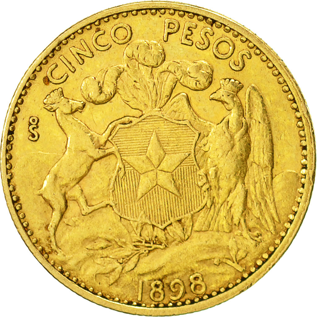 Cile, 5 Pesos, 1898, Santiago, BB, Oro, KM:159