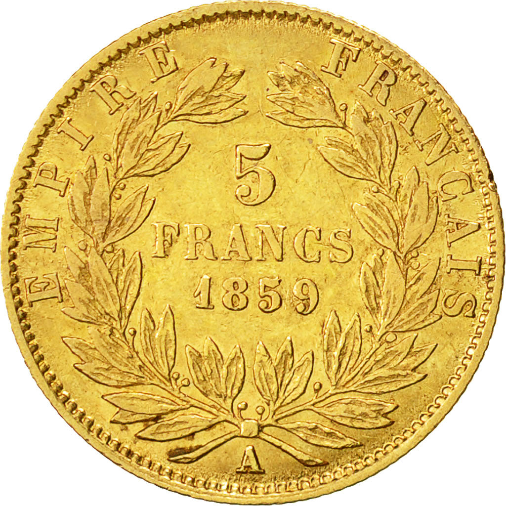 Moneda, Francia, Napoleon III, Napoléon III, 5 Francs, 1859, Paris, BC+, Oro