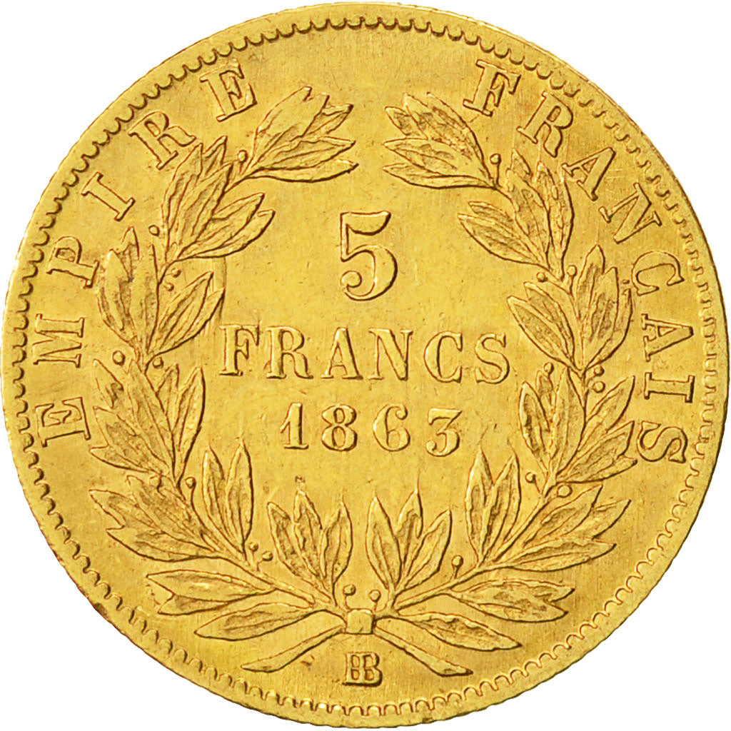 France, Napoleon III, 5 Francs, 1863, Strasbourg, EF(40-45), KM:803.2