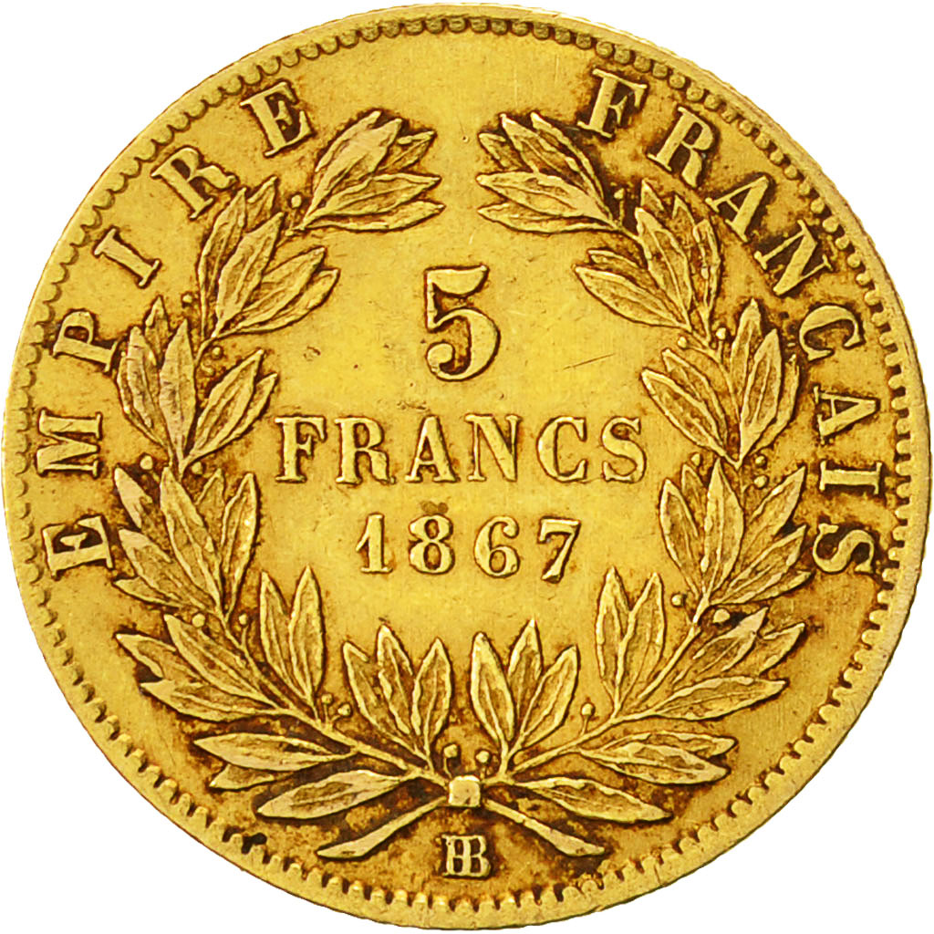 France, Napoleon III, 5 Francs, 1867, Strasbourg, EF(40-45), KM:803.2