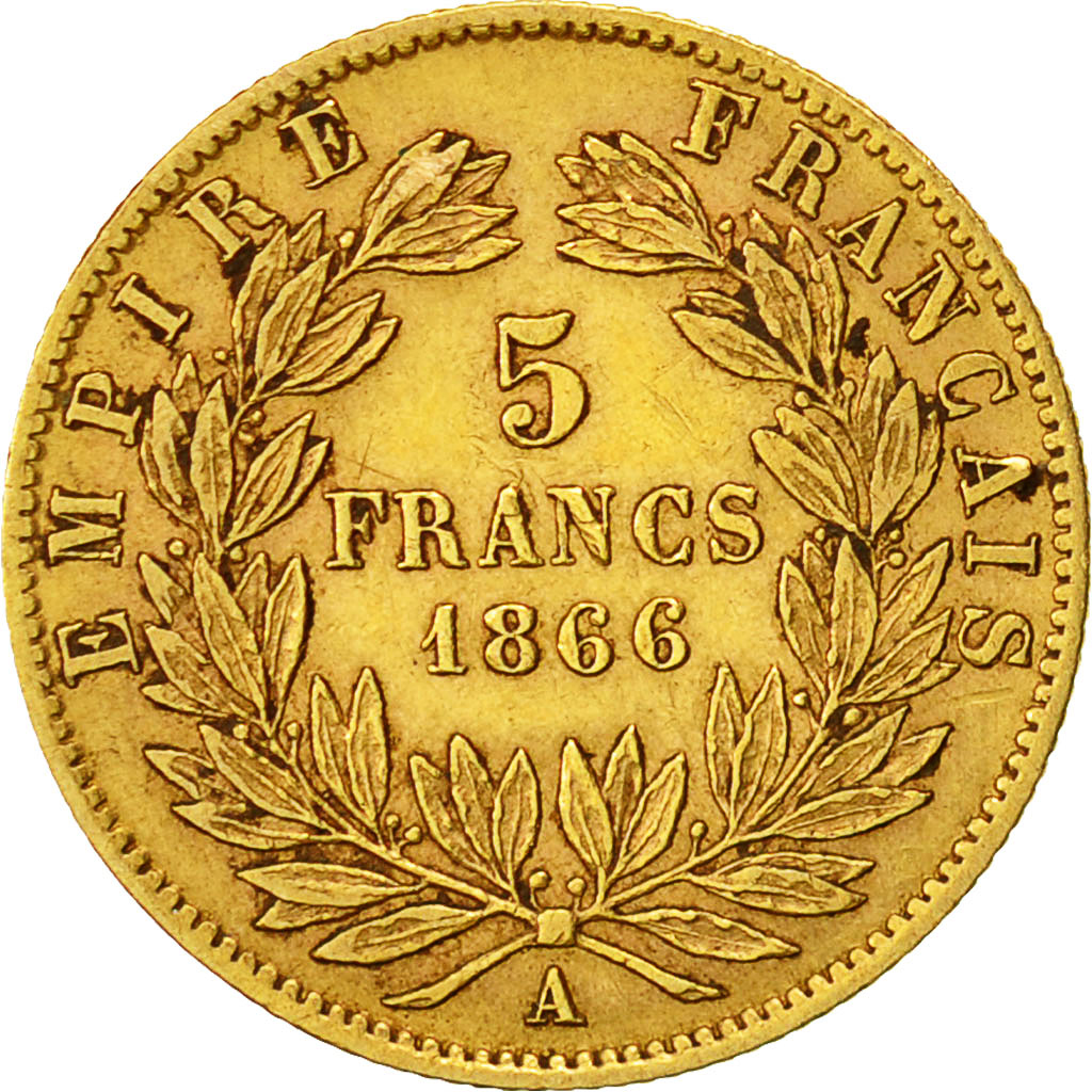 Moneta, Francia, Napoleon III, Napoléon III, 5 Francs, 1866, Paris, BB, Oro
