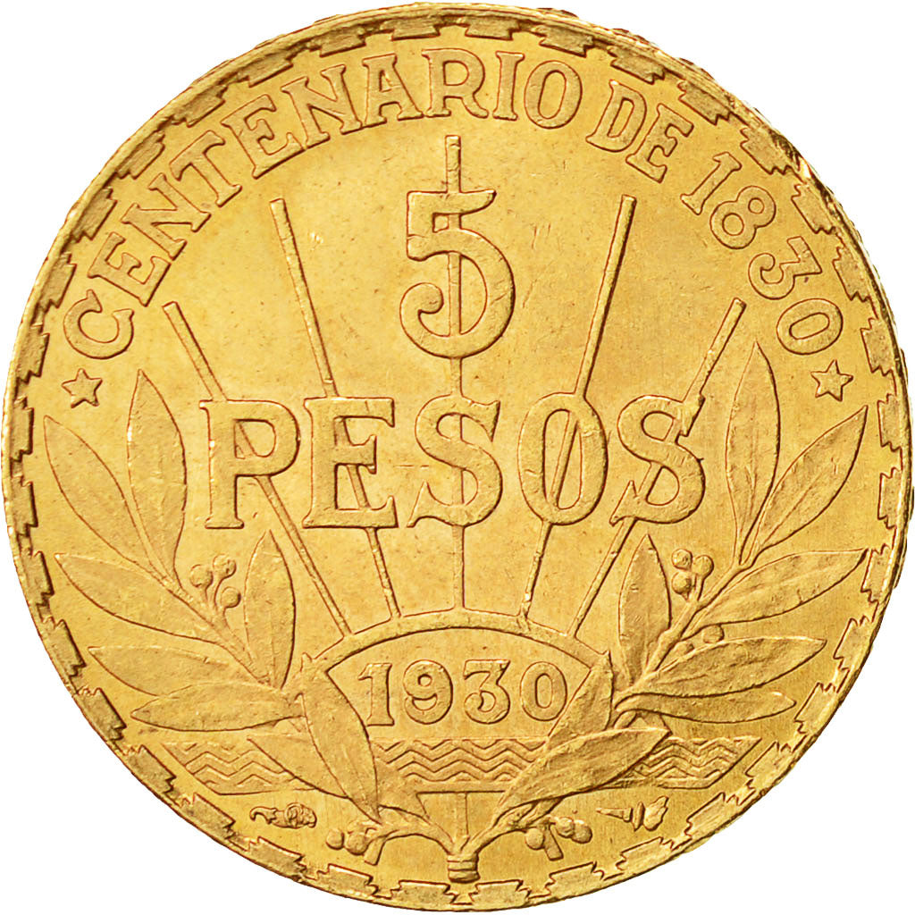 Uruguay, 5 Pesos, 1930, Paris, MS(60-62), Gold, KM:27