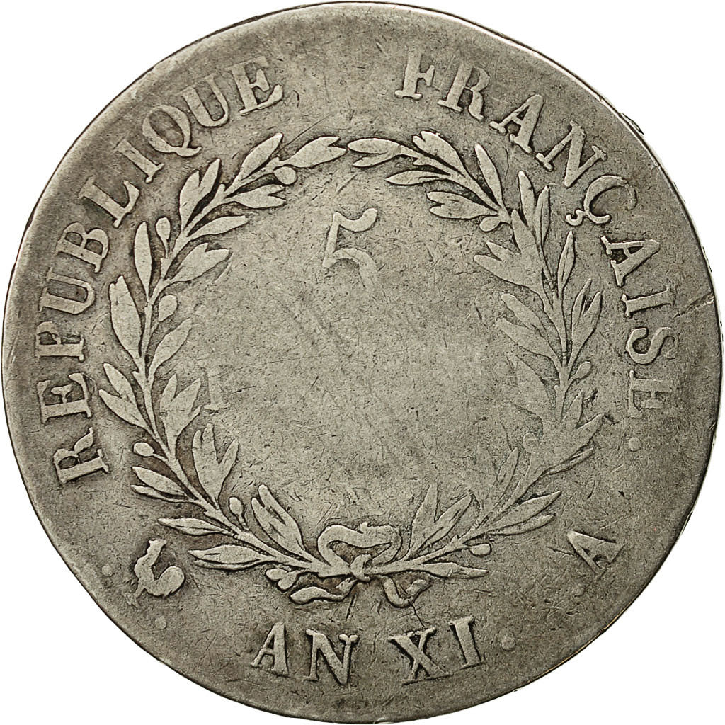Coin, France, Napoléon I, 5 Francs, An XI, Paris, F(12-15), Silver, KM:650.1