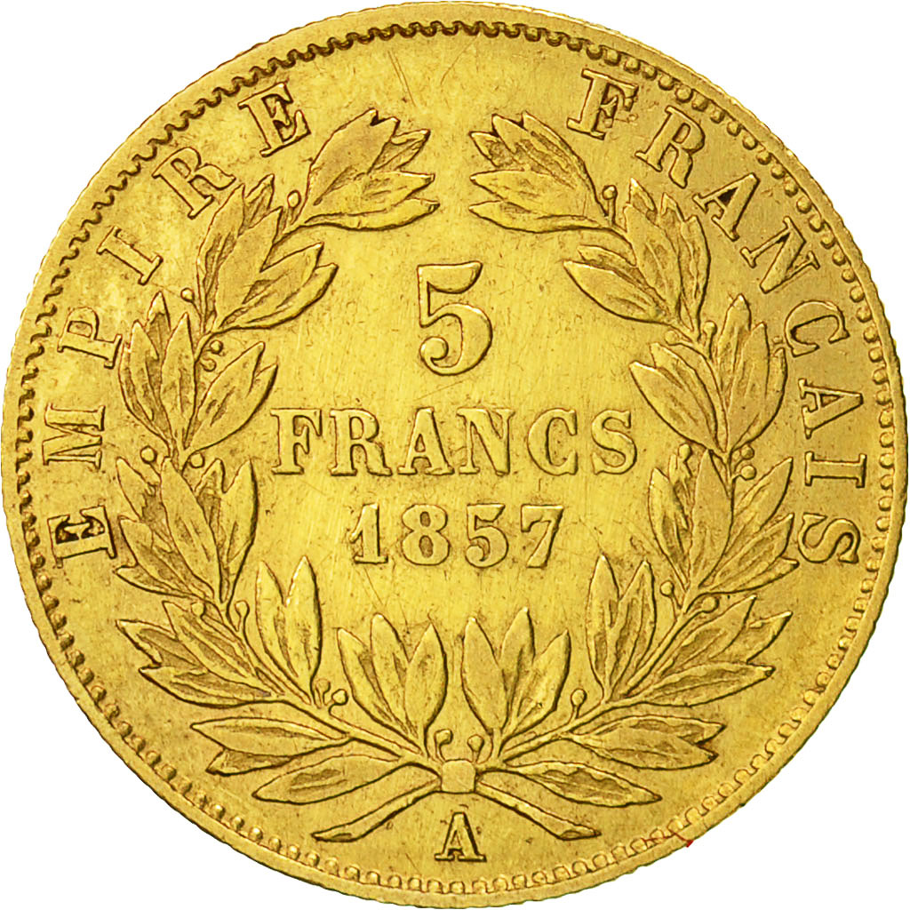 Moneda, Francia, Napoleon III, Napoléon III, 5 Francs, 1857, Paris, BC+, Oro
