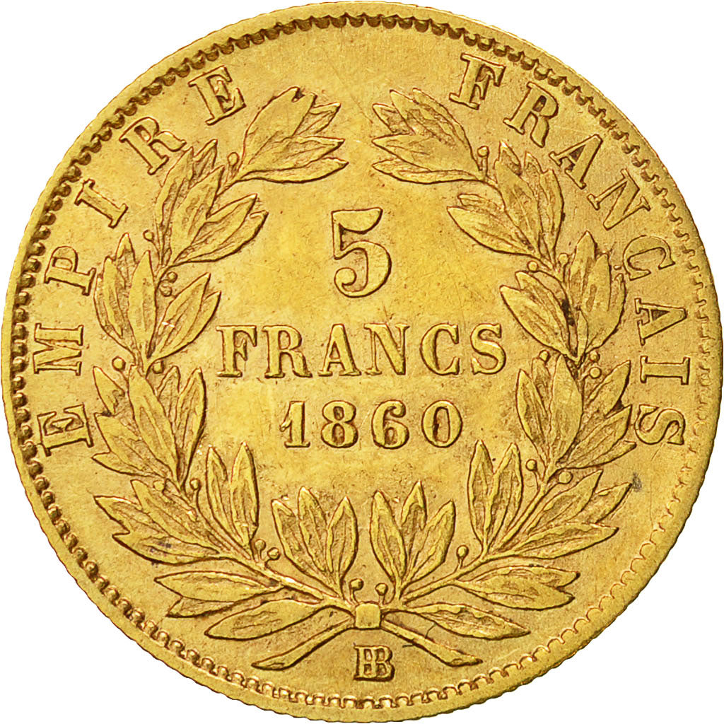 France, Napoleon III, 5 Francs, 1860, Strasbourg, VF(30-35), KM:787.2