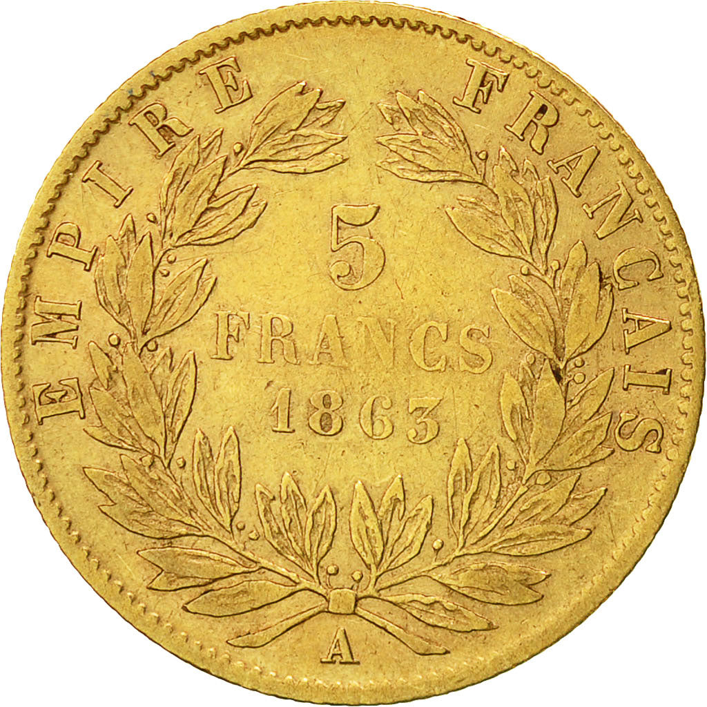 Moneta, Francia, Napoleon III, Napoléon III, 5 Francs, 1863, Paris, MB+, Oro