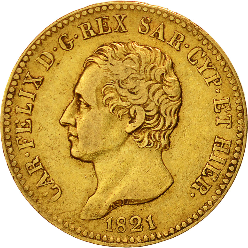 Moneta, STATI ITALIANI, SARDINIA, Carlo Felice, 20 Lire, 1821, Torino, MB+, Oro