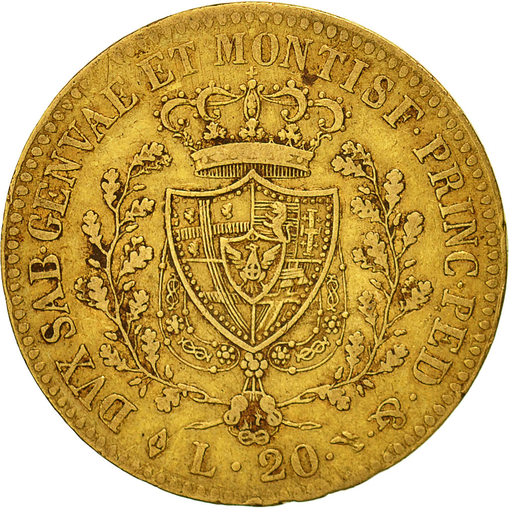 Moneta, STATI ITALIANI, SARDINIA, Carlo Felice, 20 Lire, 1821, Torino, MB+, Oro
