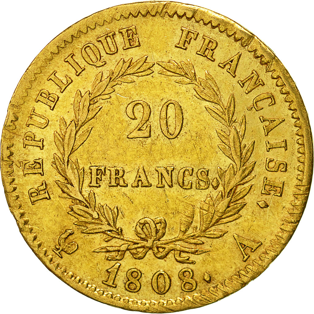 France, Napoléon I, 20 Francs, 1808, Paris, AU(50-53), Gold, KM:687.1