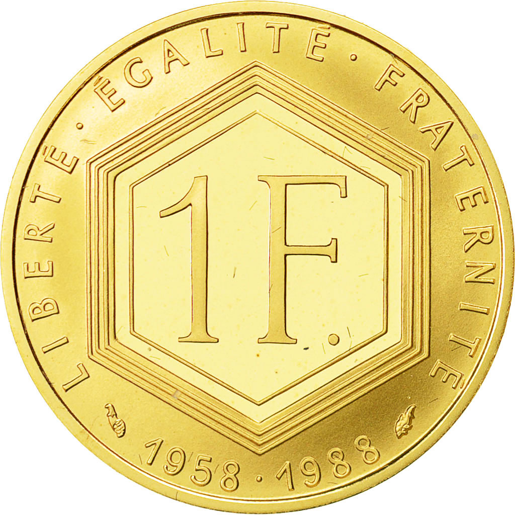 Coin, France, Charles de Gaulle, Franc, 1988, Paris, MS(63), Gold, KM:979