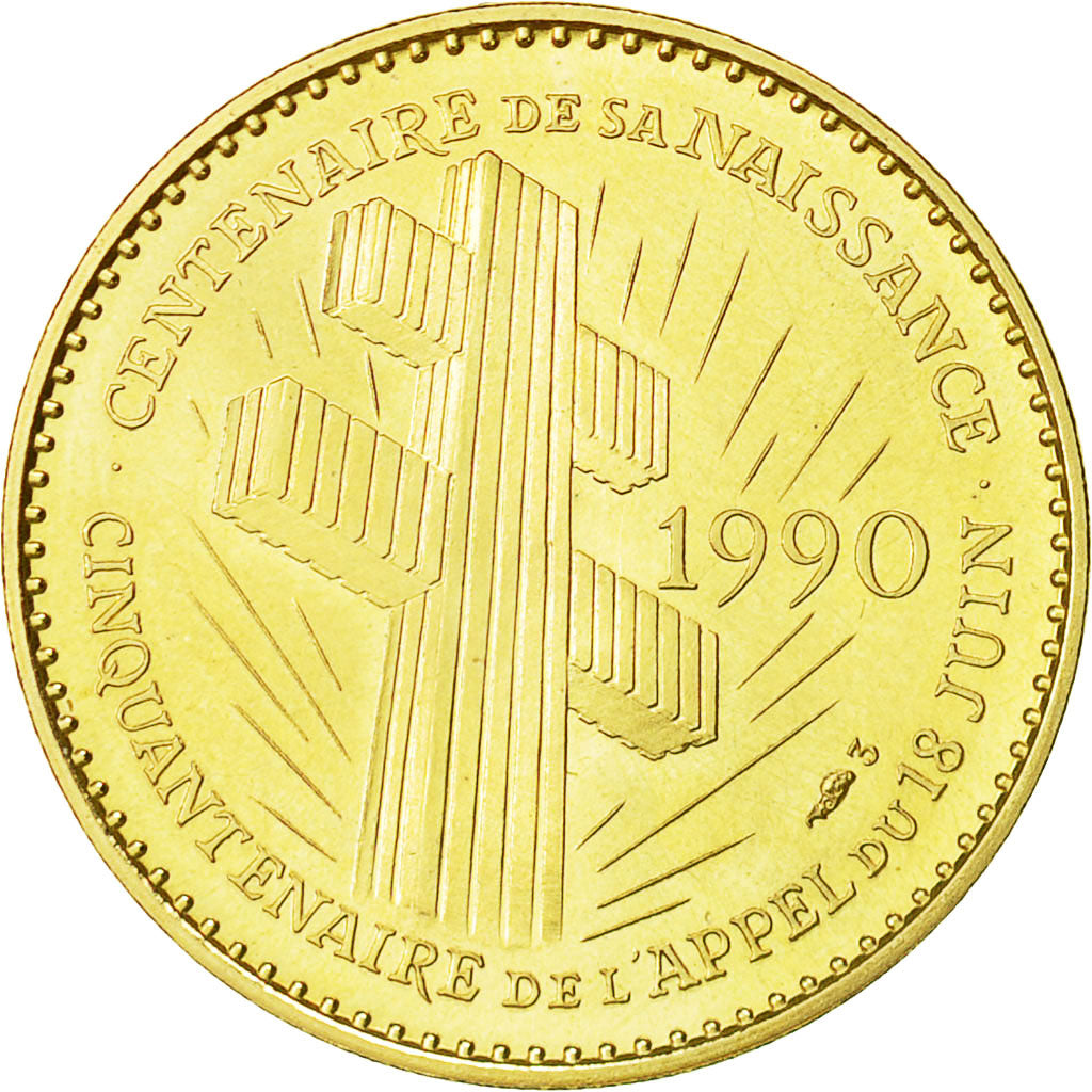 France, Medal, Général De Gaulle, 1990, MS(65-70), Gold