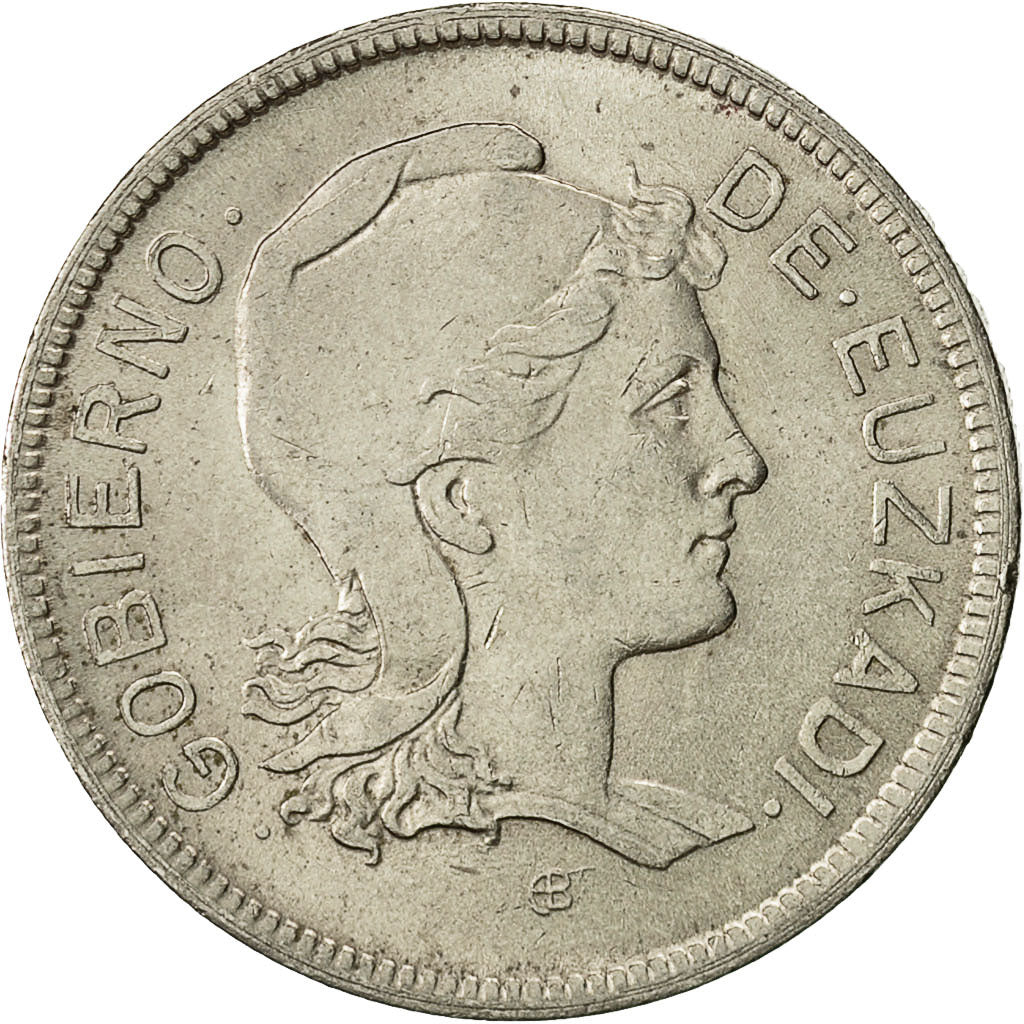 Coin, SPAIN CIVIL WAR, EUZKADI, 2 Pesetas, 1937, Brussels, AU(55-58), Nickel