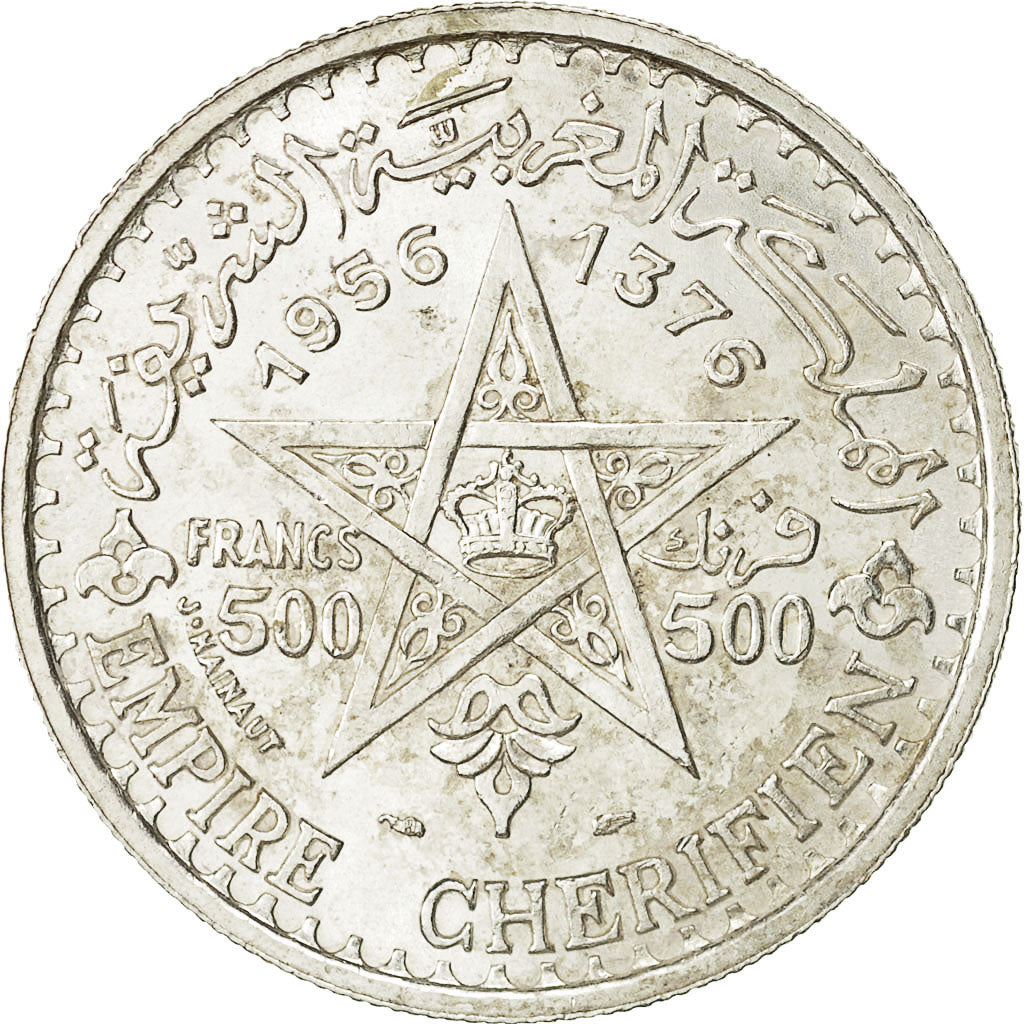 Coin, Morocco, Mohammed V, 500 Francs, 1956, Paris, AU(50-53), Silver, KM:54
