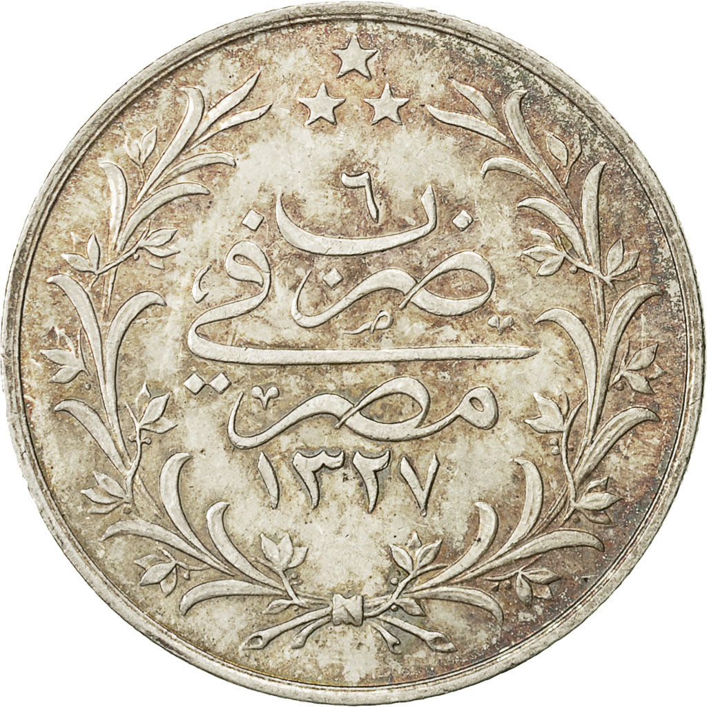 Coin, Egypt, Muhammad V, 5 Qirsh, 1913, Misr, AU(55-58), Silver, KM:308