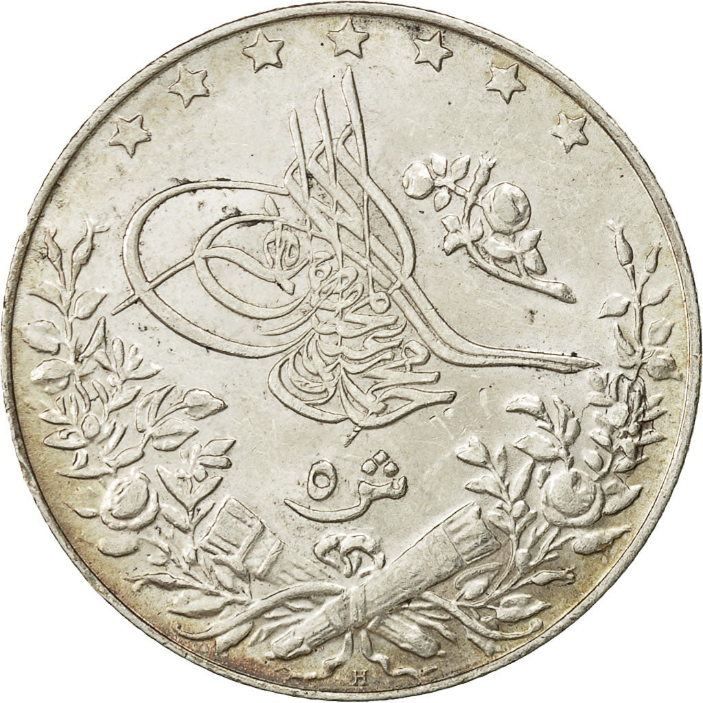 Coin, Egypt, Muhammad V, 5 Qirsh, 1913, Misr, AU(55-58), Silver, KM:308