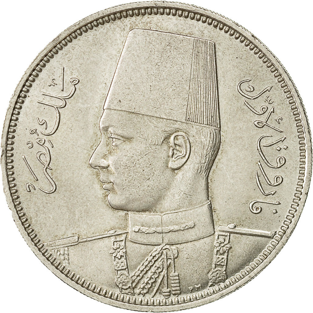 Coin, Egypt, Farouk, 5 Piastres, 1939, British Royal Mint, AU(55-58), Silver