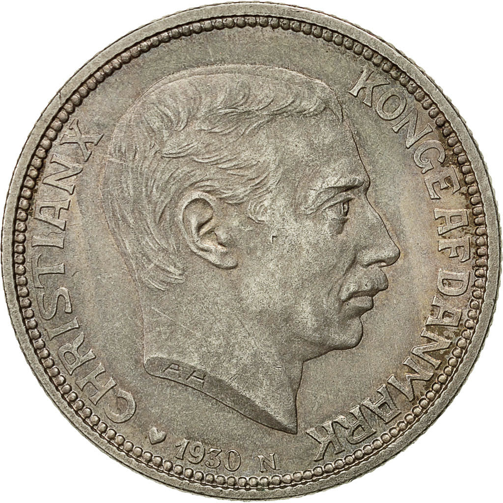 Coin, Denmark, Christian X, 2 Kroner, 1930, Copenhagen, AU(55-58), Silver