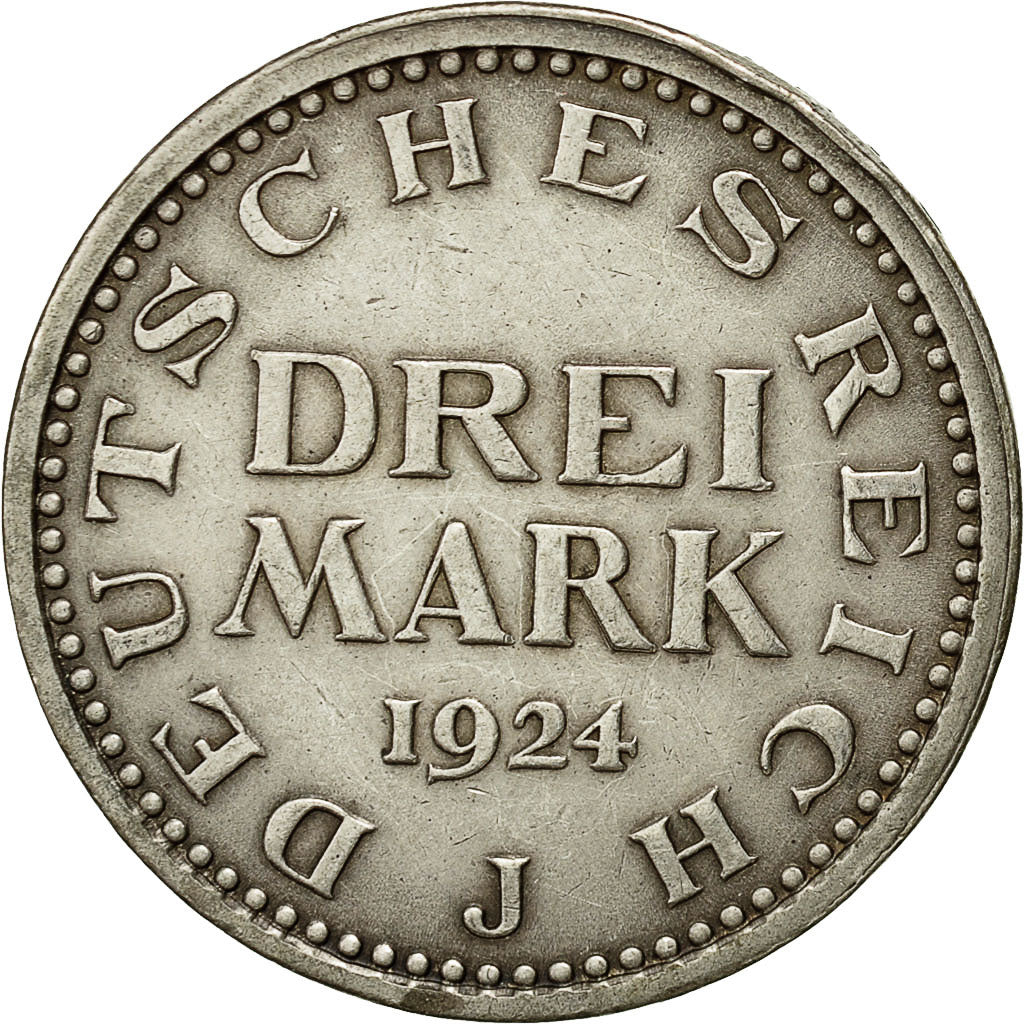 Coin, GERMANY, WEIMAR REPUBLIC, 3 Mark, 1924, Hamburg, EF(40-45), Silver, KM:43